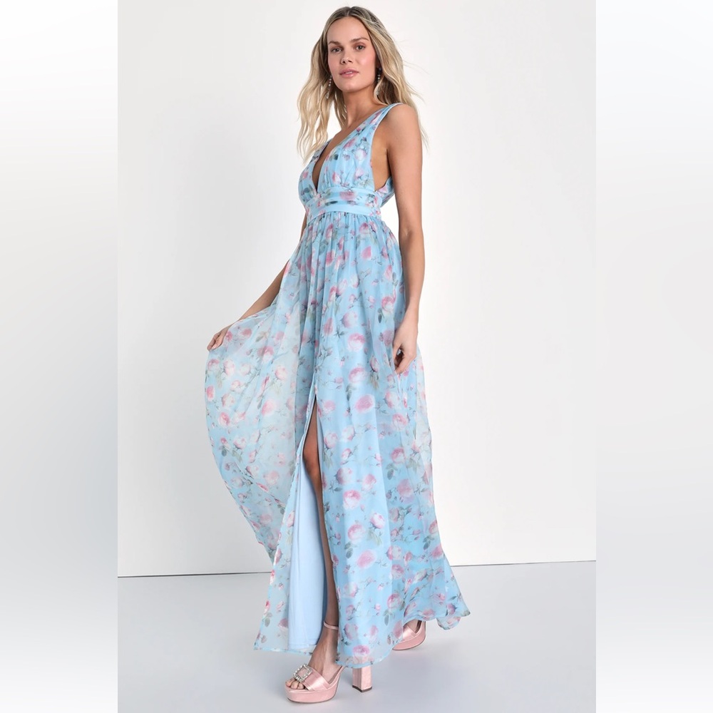 NWT Lulu’s-Garden Romance Light Blue Floral Print Organza Maxi Dress,medium